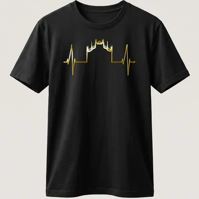 Minimalist illustration of the Milan skyline in gold with heartbeat motif