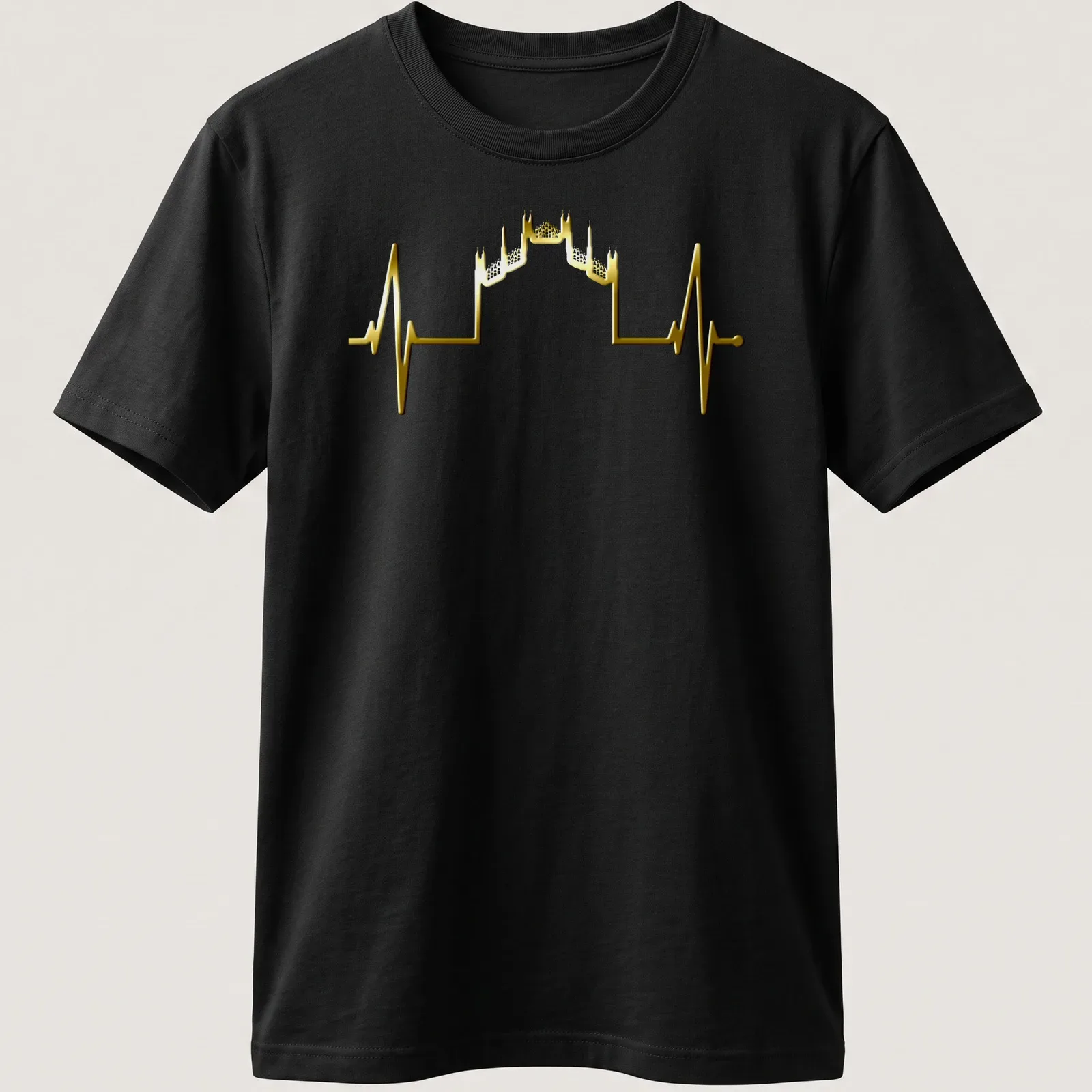 Minimalist illustration of the Milan skyline in gold with heartbeat motif — printed on a unisex t-shirt
