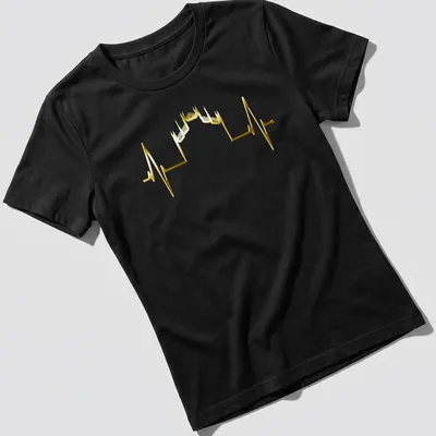 Minimalist illustration of the Milan skyline in gold with heartbeat motif — printed on a women's shirt