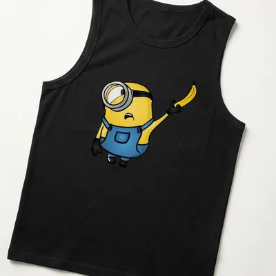 Cartoon Minion Stuart holding a banana in bright yellow and blue — printed on a tank top