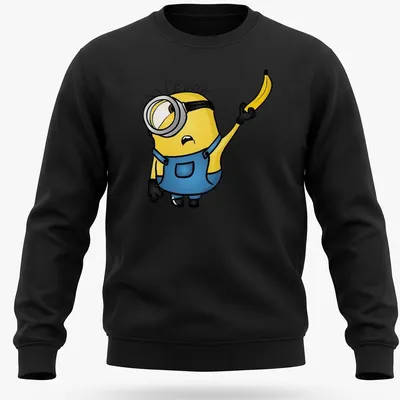Cartoon Minion Stuart holding a banana in bright yellow and blue — printed on a unisex sweatshirt
