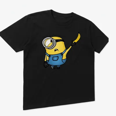 Cartoon Minion Stuart holding a banana in bright yellow and blue — printed on a unisex t-shirt (angled view)