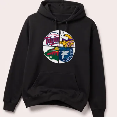 Colorful vector graphic of Minnesota sports team logos on a — printed on a unisex hoodie