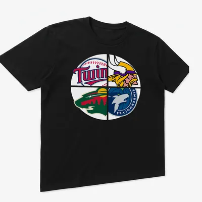 Colorful vector graphic of Minnesota sports team logos on a — printed on a unisex t-shirt (angled view)