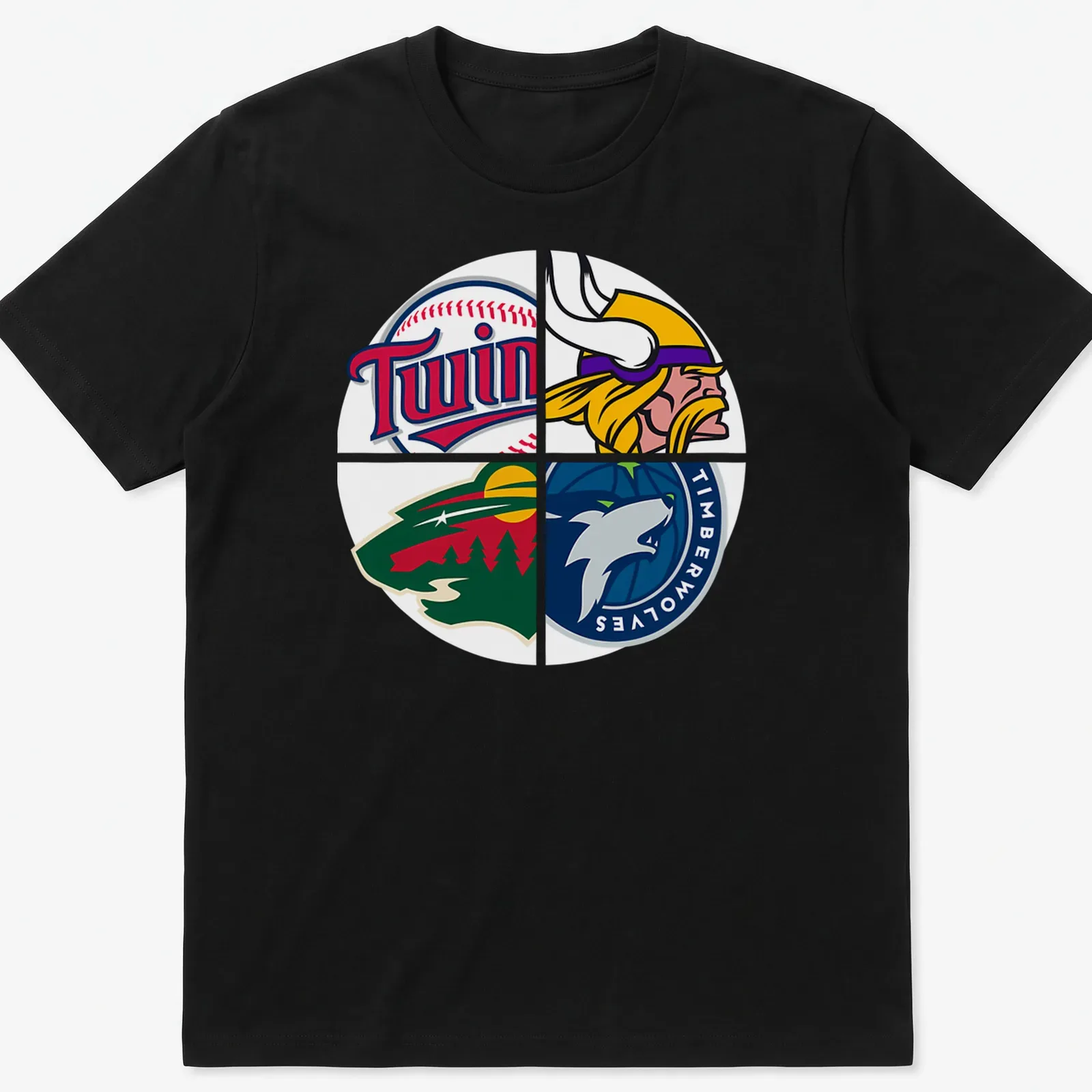 Colorful vector graphic of Minnesota sports team logos on a — printed on a unisex t-shirt