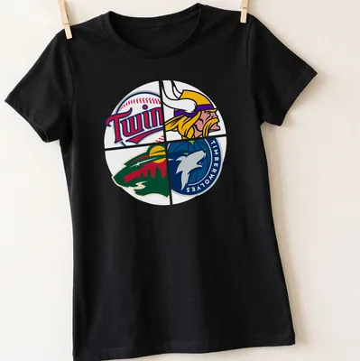 Colorful vector graphic of Minnesota sports team logos on a — printed on a women's shirt