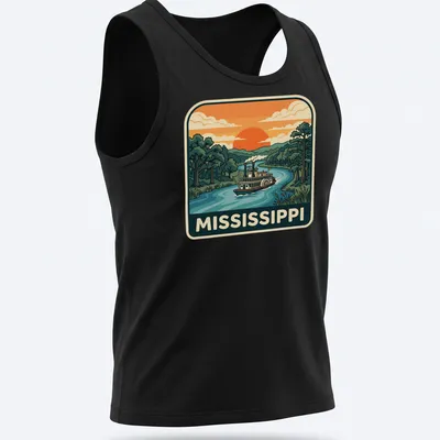 Retro Mississippi River Steamboat t-shirt featuring vintage travel graphics — printed on a tank top