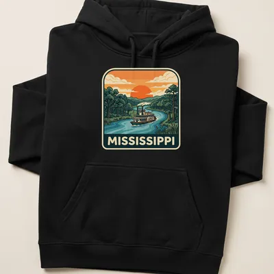 Retro Mississippi River Steamboat t-shirt featuring vintage travel graphics — printed on a unisex hoodie