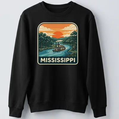 Retro Mississippi River Steamboat t-shirt featuring vintage travel graphics — printed on a unisex sweatshirt