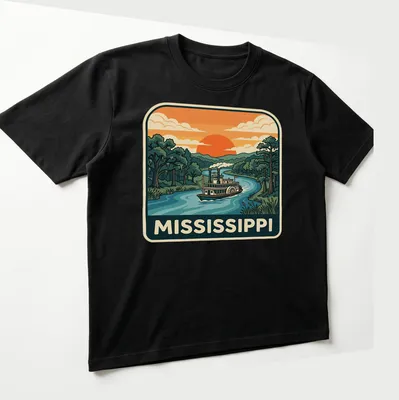 Retro Mississippi River Steamboat t-shirt featuring vintage travel graphics — printed on a unisex t-shirt (angled view)