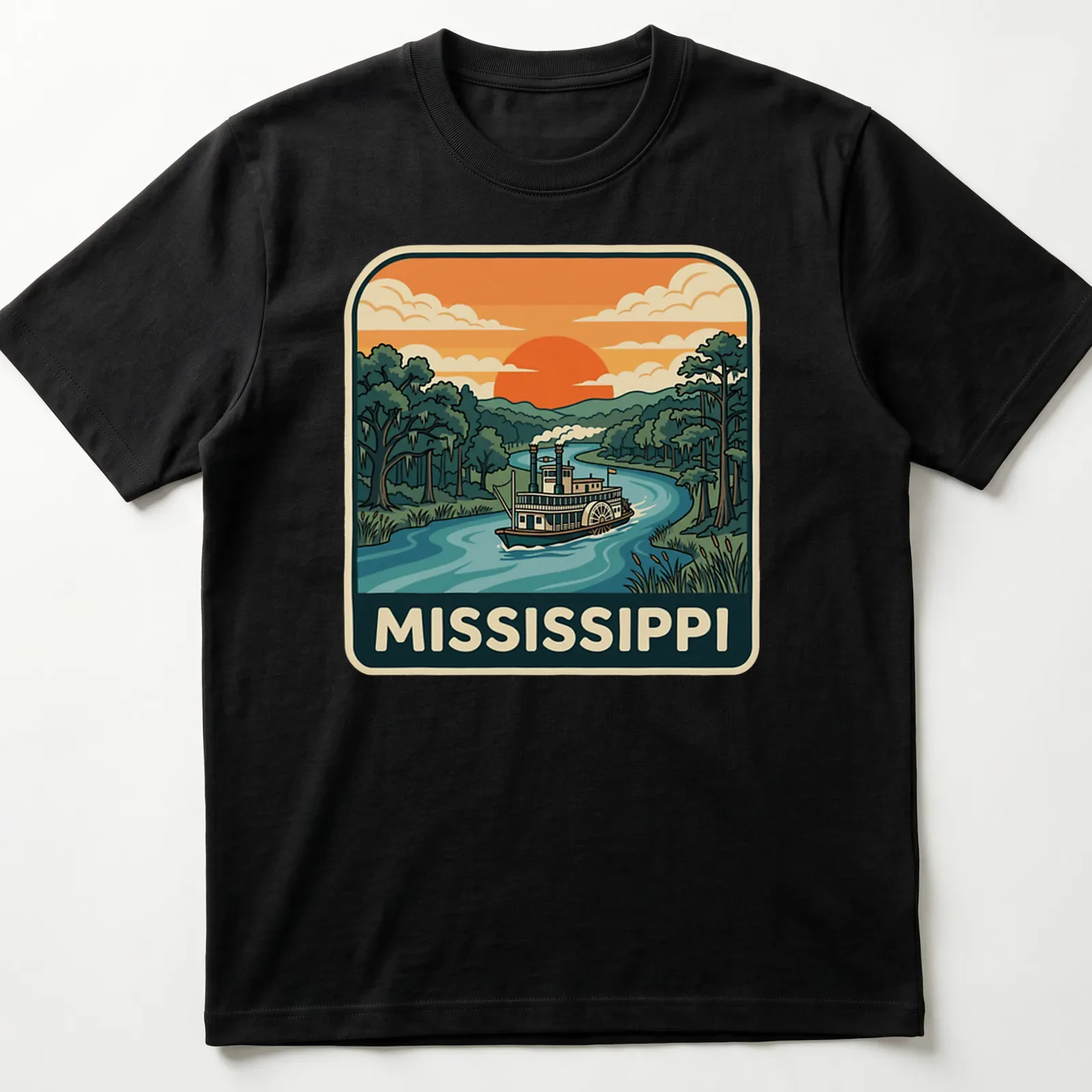 Retro Mississippi River Steamboat t-shirt featuring vintage travel graphics — printed on a unisex t-shirt