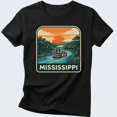 Retro Mississippi River Steamboat t-shirt featuring vintage travel graphics — printed on a women's shirt