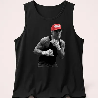 Photographic print of MMA fighter Dustin Poirier with 'WAR' in bold letters — printed on a tank top