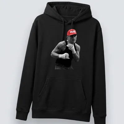 Photographic print of MMA fighter Dustin Poirier with 'WAR' in bold letters — printed on a unisex hoodie