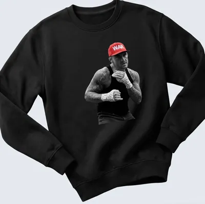 Photographic print of MMA fighter Dustin Poirier with 'WAR' in bold letters — printed on a unisex sweatshirt