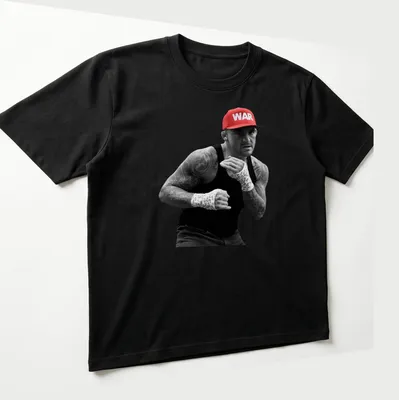 Photographic print of MMA fighter Dustin Poirier with 'WAR' in bold letters — printed on a unisex t-shirt (angled view)