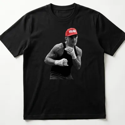 Photographic print of MMA fighter Dustin Poirier with 'WAR' in bold letters
