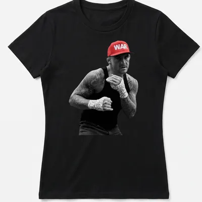 Photographic print of MMA fighter Dustin Poirier with 'WAR' in bold letters — printed on a women's shirt