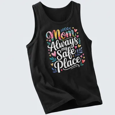 Floral design featuring the text Mom Always my Safe Place in vibrant colors — printed on a tank top