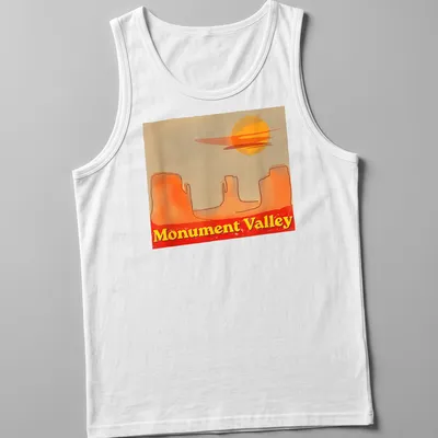 Watercolor print of Monument Valley with sunset colors of orange, yellow, red, and beige — printed on a tank top