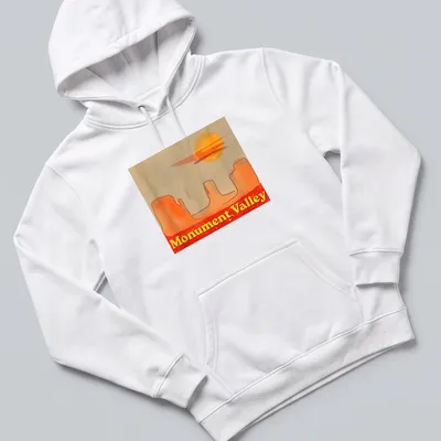 Watercolor print of Monument Valley with sunset colors of orange, yellow, red, and beige — printed on a unisex hoodie