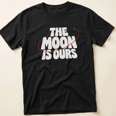 Bold typography T-shirt featuring the phrase 'THE MOON IS OURS' alongside a moon graphic