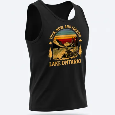 Retro t-shirt featuring a moose against a sunset backdrop with bold text. — printed on a tank top