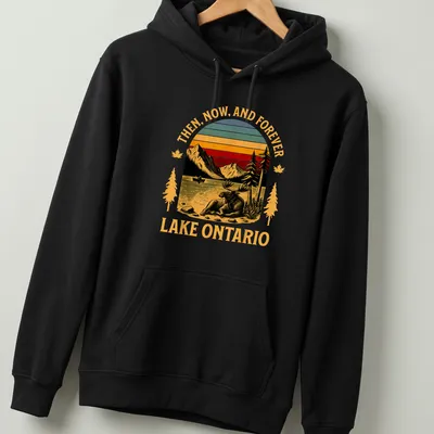 Retro t-shirt featuring a moose against a sunset backdrop with bold text. — printed on a unisex hoodie