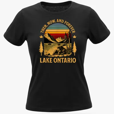 Retro t-shirt featuring a moose against a sunset backdrop with bold text. — printed on a women's shirt