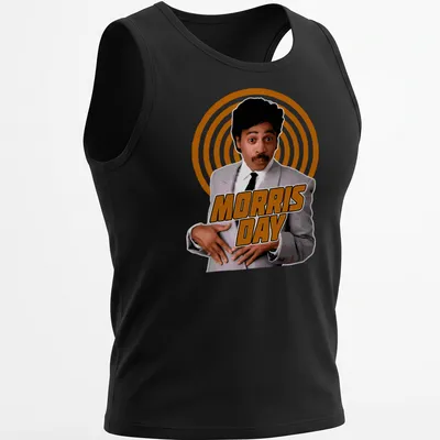 Retro t-shirt with vibrant Morris Day text in orange, white, and black — printed on a tank top