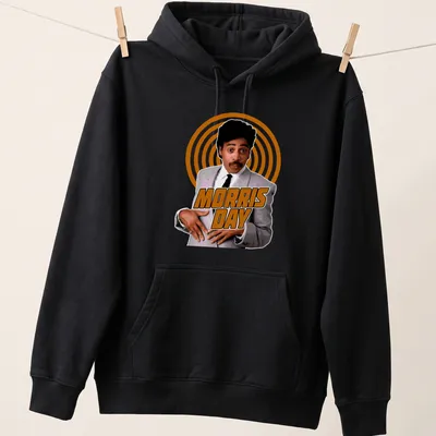 Retro t-shirt with vibrant Morris Day text in orange, white, and black — printed on a unisex hoodie