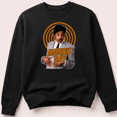 Retro t-shirt with vibrant Morris Day text in orange, white, and black — printed on a unisex sweatshirt