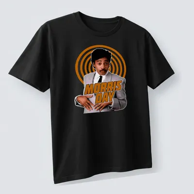 Retro t-shirt with vibrant Morris Day text in orange, white, and black — printed on a unisex t-shirt (angled view)