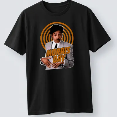 Retro t-shirt with vibrant Morris Day text in orange, white, and black