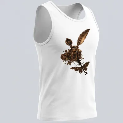 Vintage design of a moth silhouette above an inkwell and quill in gold and black — printed on a tank top