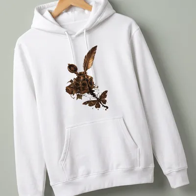 Vintage design of a moth silhouette above an inkwell and quill in gold and black — printed on a unisex hoodie