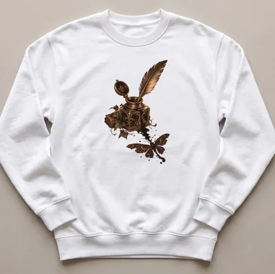 Vintage design of a moth silhouette above an inkwell and quill in gold and black — printed on a unisex sweatshirt