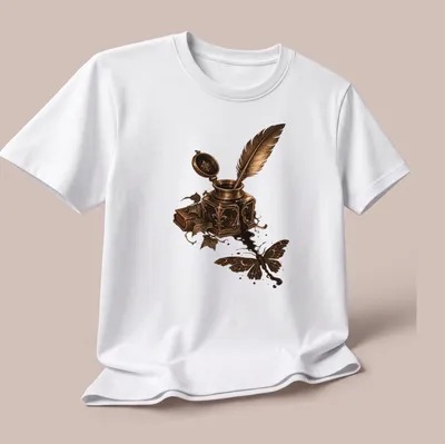 Vintage design of a moth silhouette above an inkwell and quill in gold and black — printed on a unisex t-shirt (angled view)