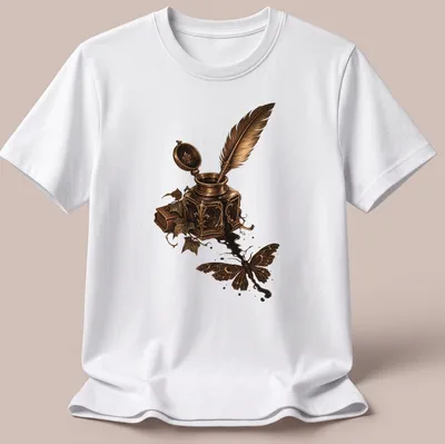Vintage design of a moth silhouette above an inkwell and quill in gold and black — printed on a unisex t-shirt