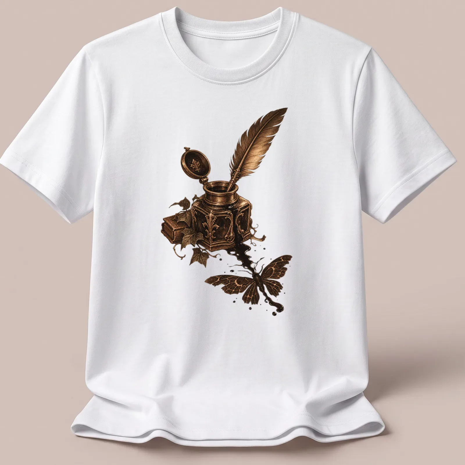 Vintage design of a moth silhouette above an inkwell and quill in gold and black — printed on a unisex t-shirt