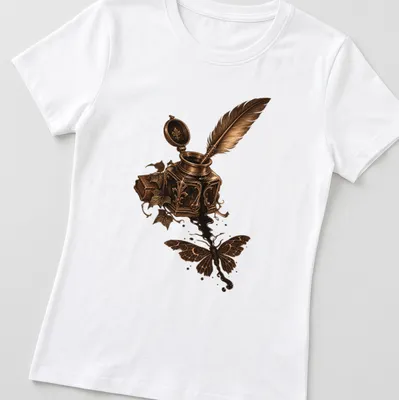 Vintage design of a moth silhouette above an inkwell and quill in gold and black — printed on a women's shirt