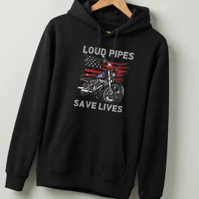 Distressed tee featuring the phrase Loud Pipes Save Lives with a motorcycle graphic — printed on a unisex hoodie
