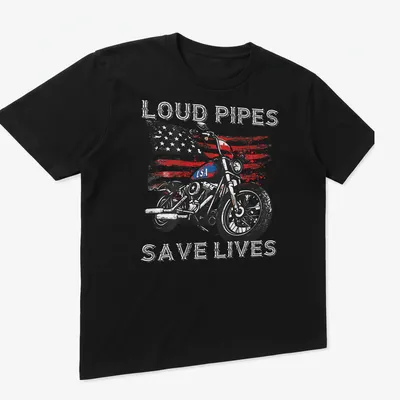 Distressed tee featuring the phrase Loud Pipes Save Lives with a motorcycle graphic — printed on a unisex t-shirt (angled view)