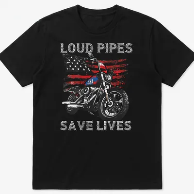 Distressed tee featuring the phrase Loud Pipes Save Lives with a motorcycle graphic