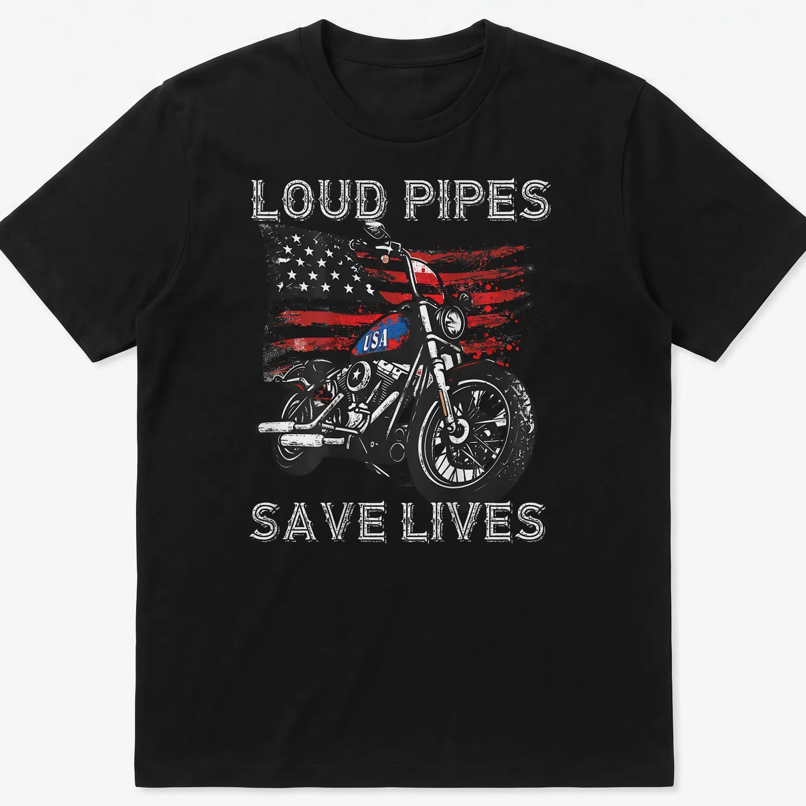 Distressed tee featuring the phrase Loud Pipes Save Lives with a motorcycle graphic — printed on a unisex t-shirt