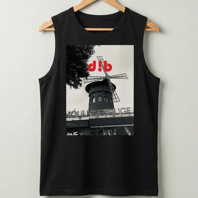 Black and white illustration of the Moulin Rouge windmill with red accents — printed on a tank top