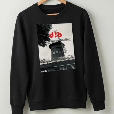 Black and white illustration of the Moulin Rouge windmill with red accents — printed on a unisex sweatshirt