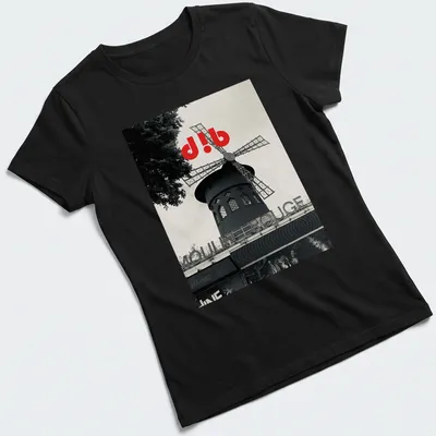 Black and white illustration of the Moulin Rouge windmill with red accents — printed on a women's shirt