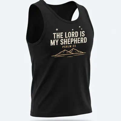 Minimalist mountain landscape with text 'The Lord Is My Shepherd Psalm 23' — printed on a tank top