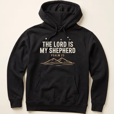 Minimalist mountain landscape with text 'The Lord Is My Shepherd Psalm 23' — printed on a unisex hoodie